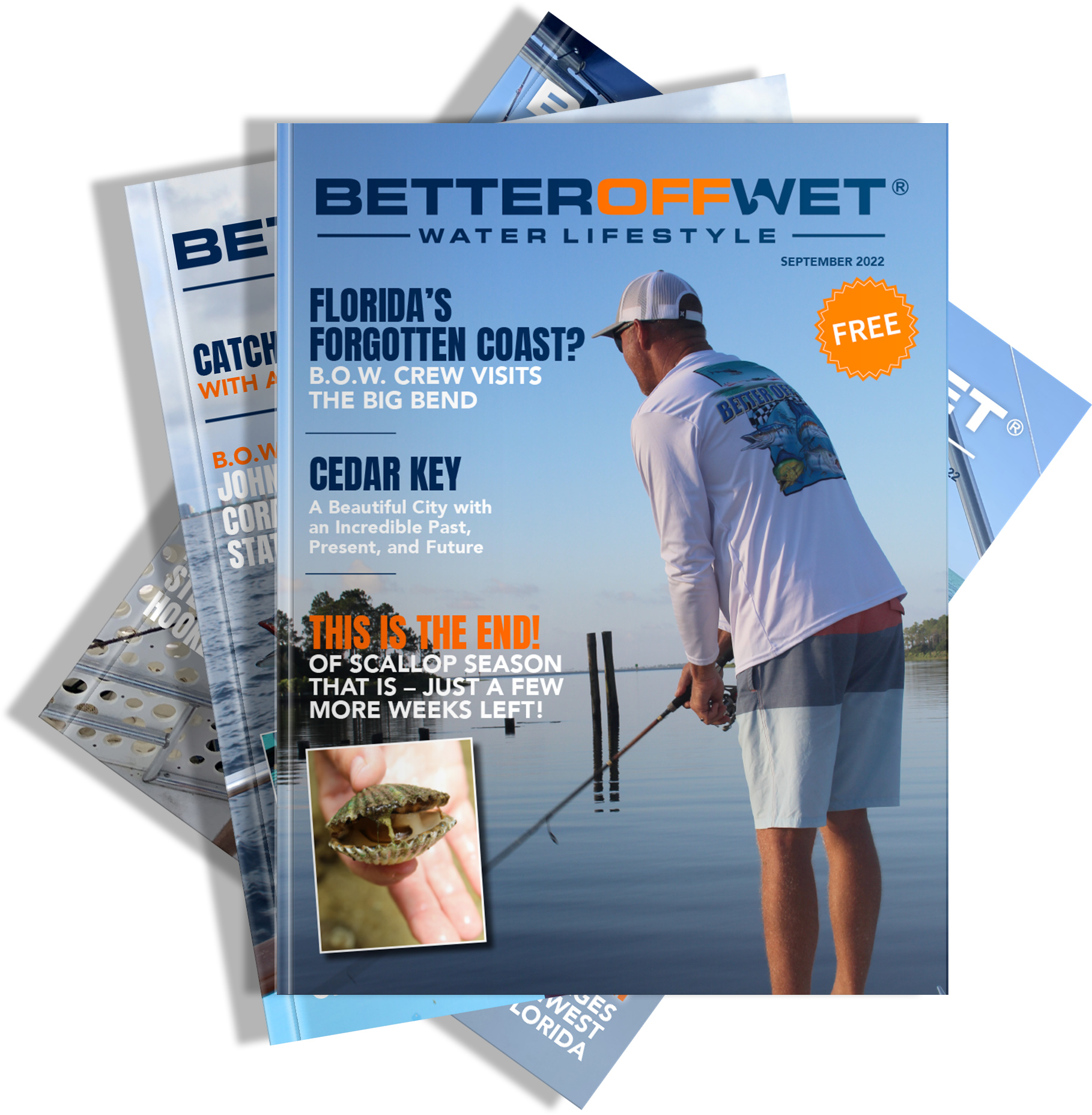 Cover of Better Off Wet Water Lifestyle magazine featuring a fisherman on a calm lake and vibrant typography, designed by TIB Creative Studio.