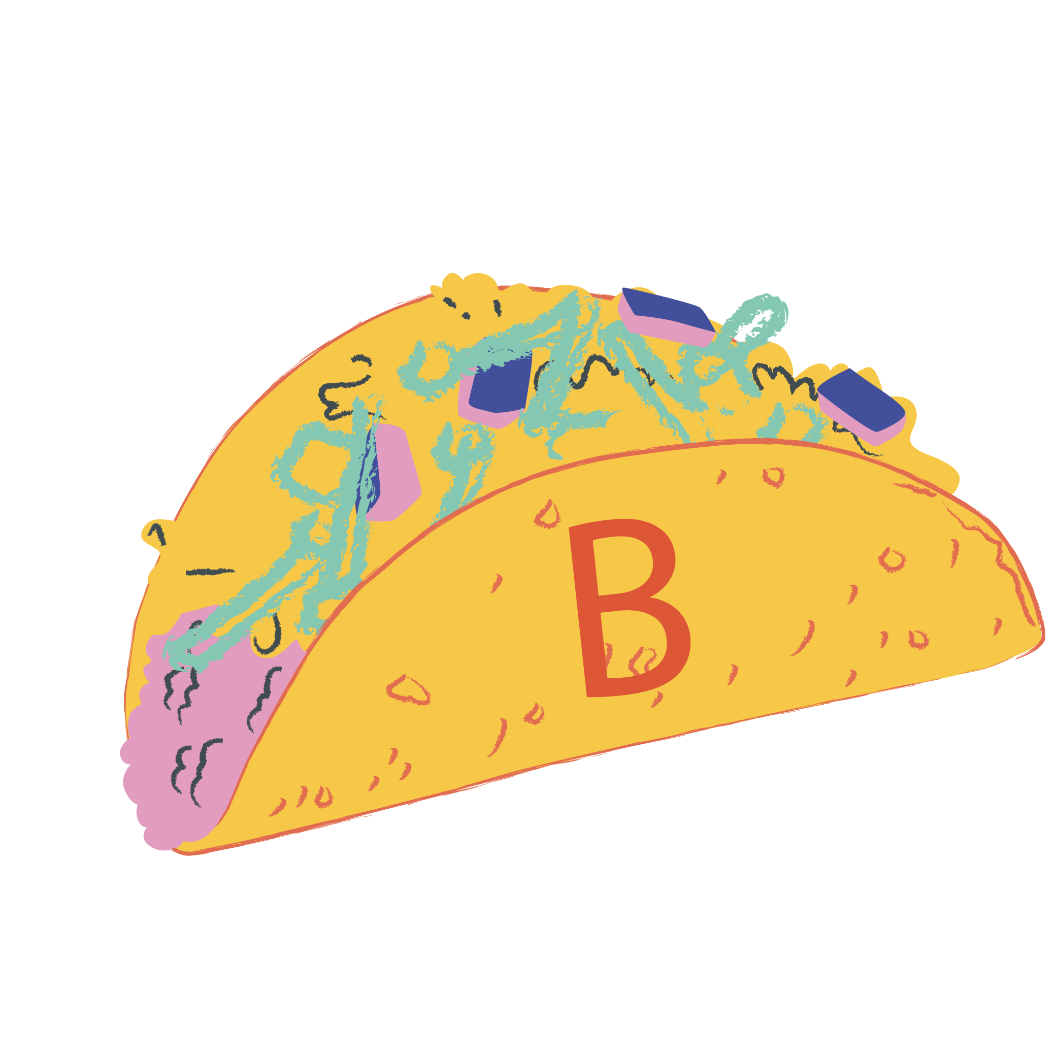 Vibrant taco illustration with the letter 'B,' created by Rhode Island graphic designer TIB Creative Studio for B's Mexican Grill branding project, showcasing expert restaurant branding and logo design.