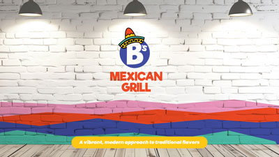 B's Mexican Grill logo displayed on a modern, vibrant background with the tagline 'A vibrant, modern approach to traditional flavors,' designed by TIB Creative Studio, a Rhode Island branding agency.