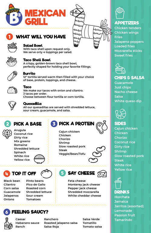 Back of the menu design for B's Mexican Grill, showcasing a build-your-own-meal format with bases, proteins, toppings, and sauces by TIB Creative Studio.