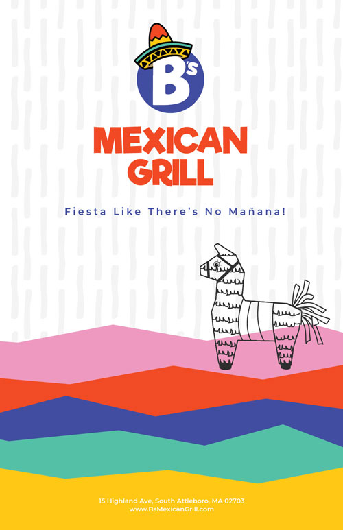 Front of the menu design for B's Mexican Grill by TIB Creative Studio, featuring appetizers, sides, chips, and drinks in a vibrant, modern layout.