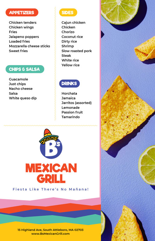 Back of the second menu design for B's Mexican Grill, featuring a step-by-step build-your-own-meal guide and vibrant illustrations by TIB Creative Studio.