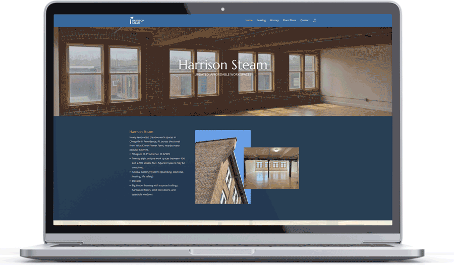 Animated mockup of the Harrison Steam website designed by TIB Creative Studio, showcasing a modern and user-friendly WordPress site with updated branding, featuring a blue and yellow color palette, high-quality images of the mill’s interior and exterior, and clear navigation for leasing and history sections.