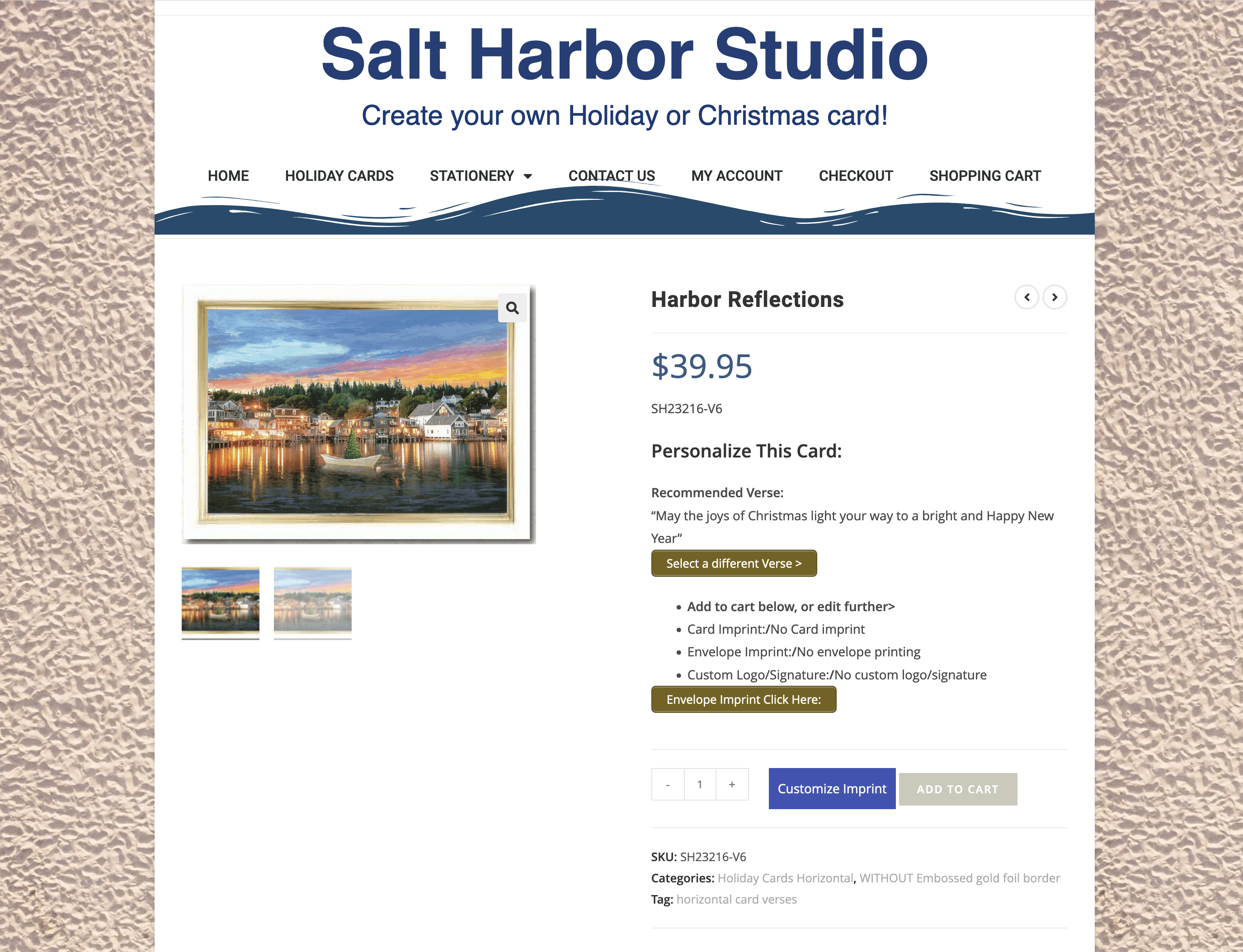 Salt Harbor Studio's old website checkout page and footer design with policies and contact links.