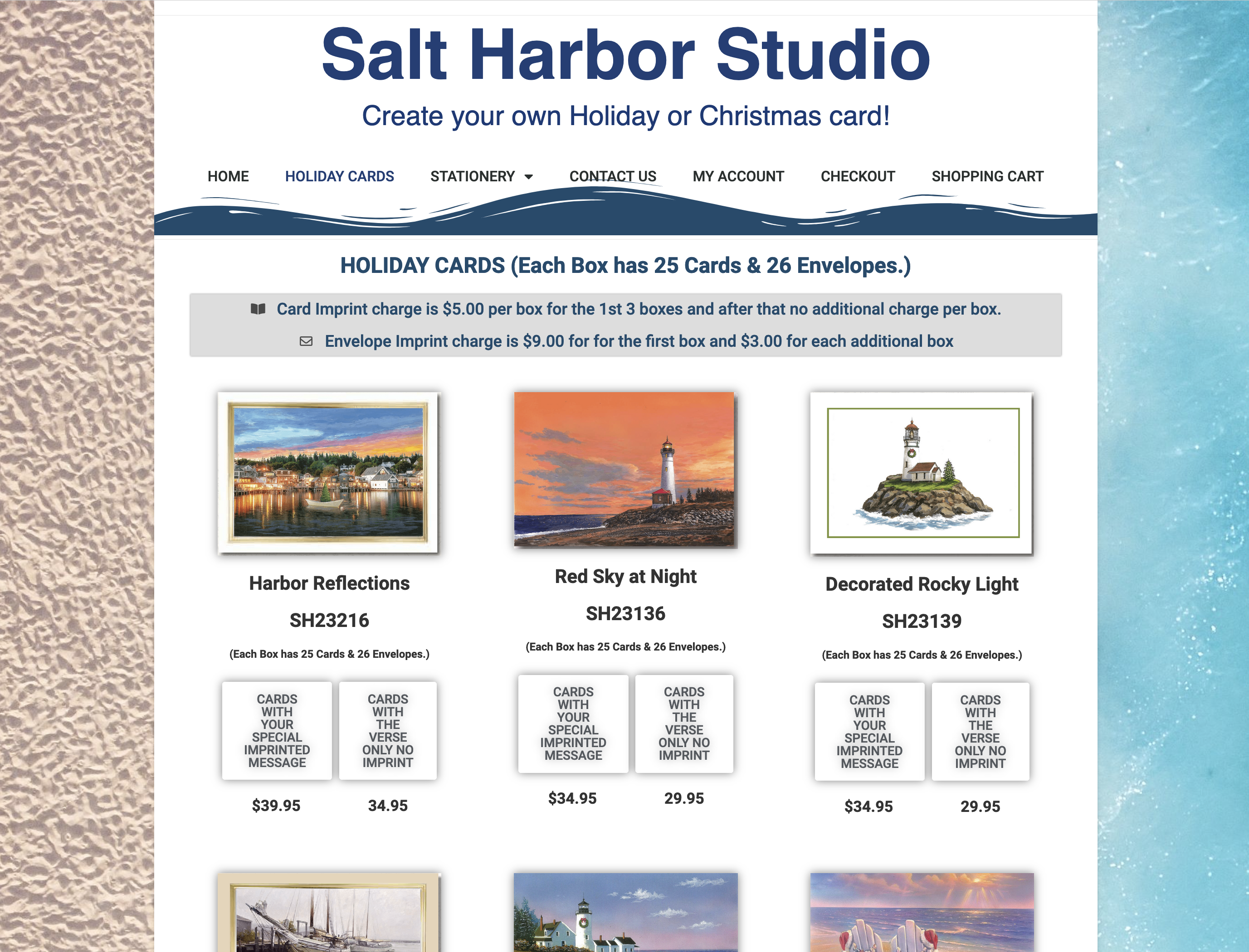 Salt Harbor Studio's old holiday cards section featuring lighthouse-themed designs and personalized card options.