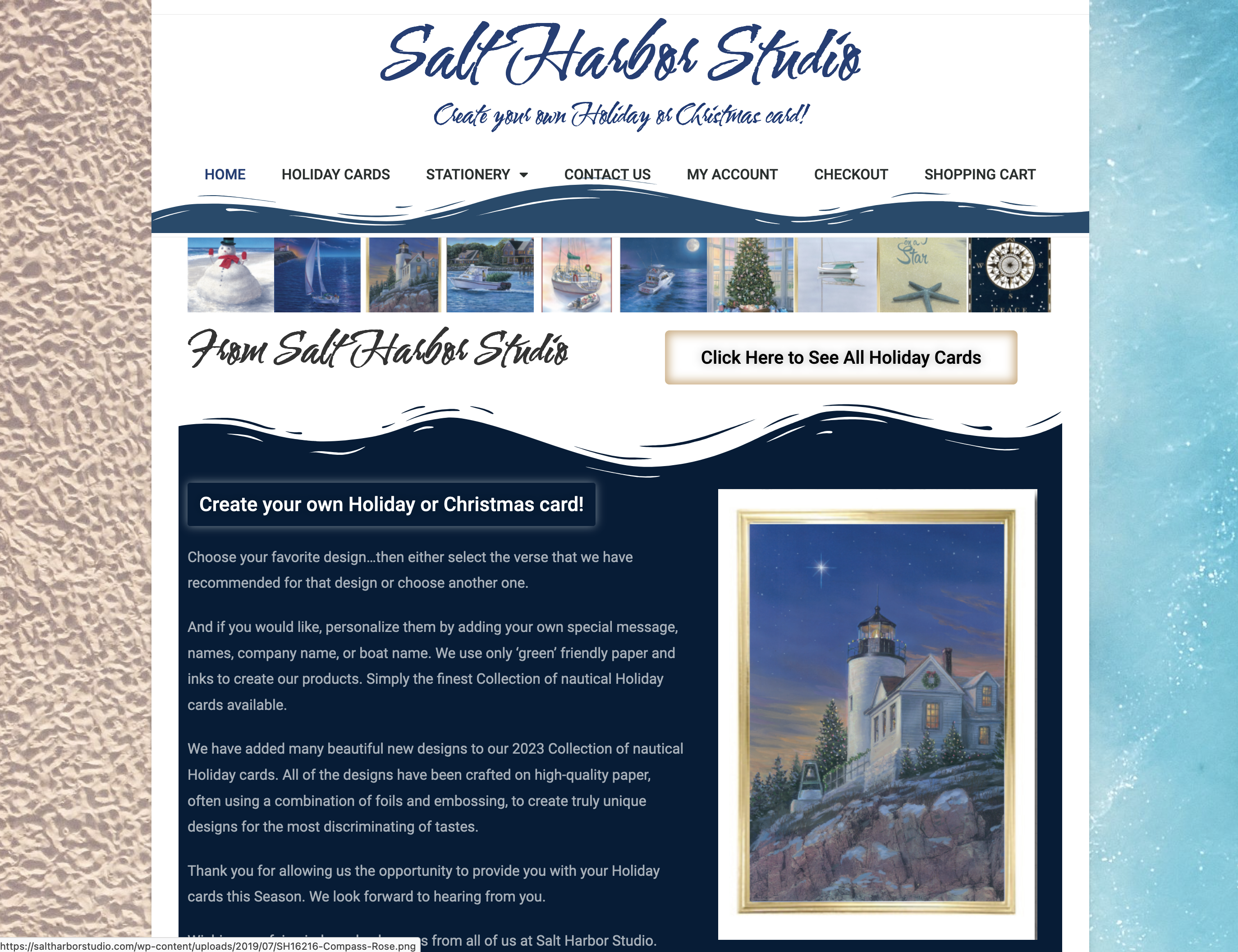 Salt Harbor Studio's old homepage design showcasing a nautical theme and navigation menu for holiday and gift products.