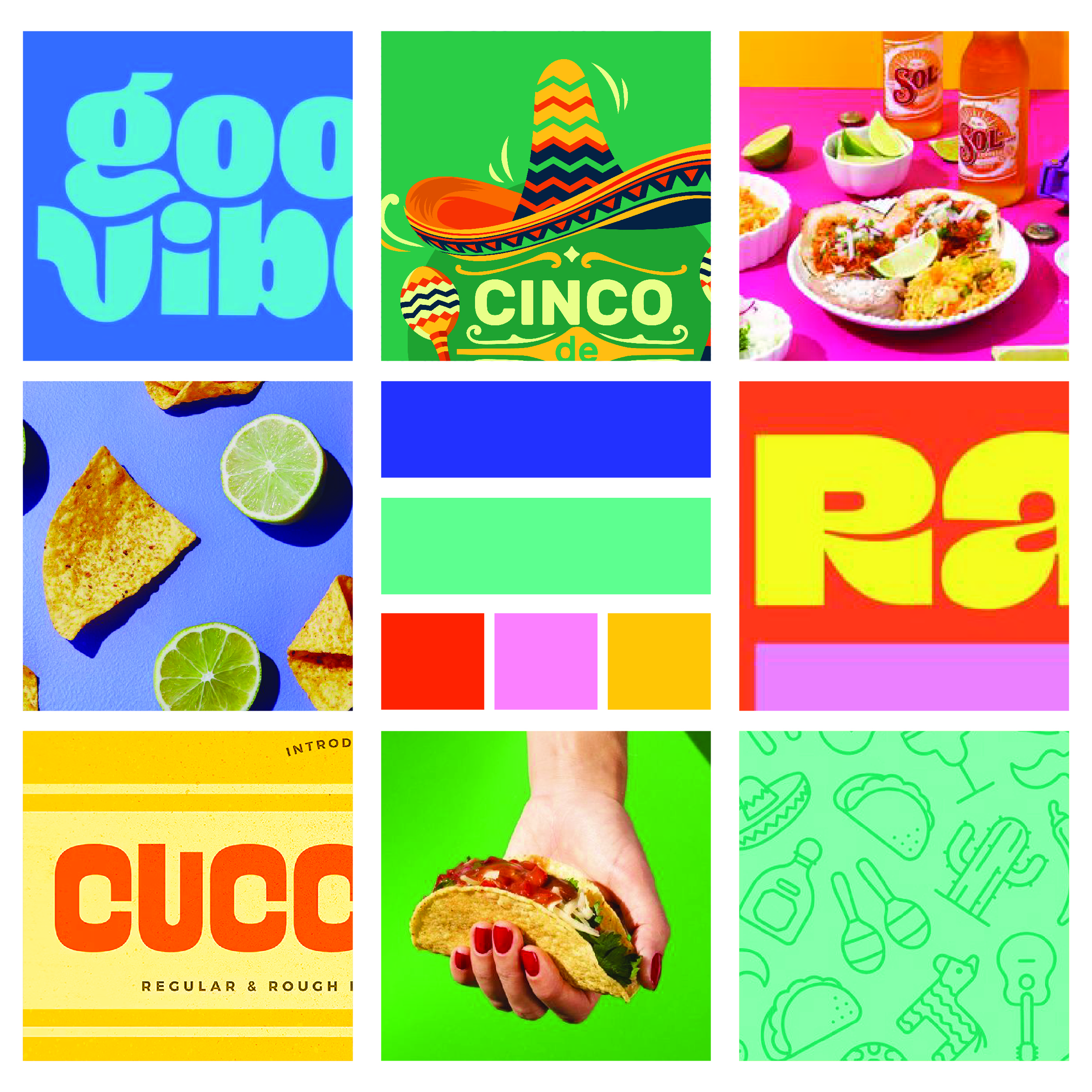 Colorful branding mood board for 'The Taco Concept,' designed by TIB Creative Studio, a leading Rhode Island graphic design agency.