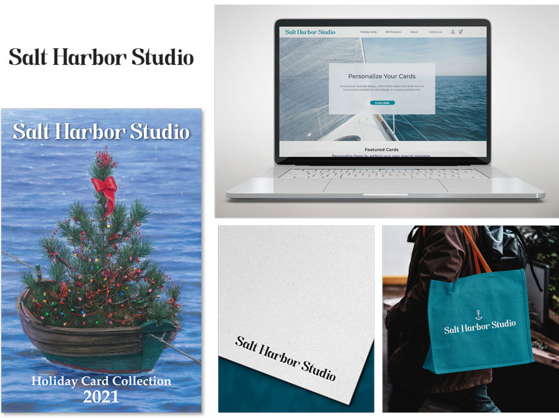 Collage showcasing Salt Harbor Studio's rebranding project by TIB Creative Studio, including logo redesign, website updates, and holiday card collection. Highlighting graphic design expertise in Rhode Island.