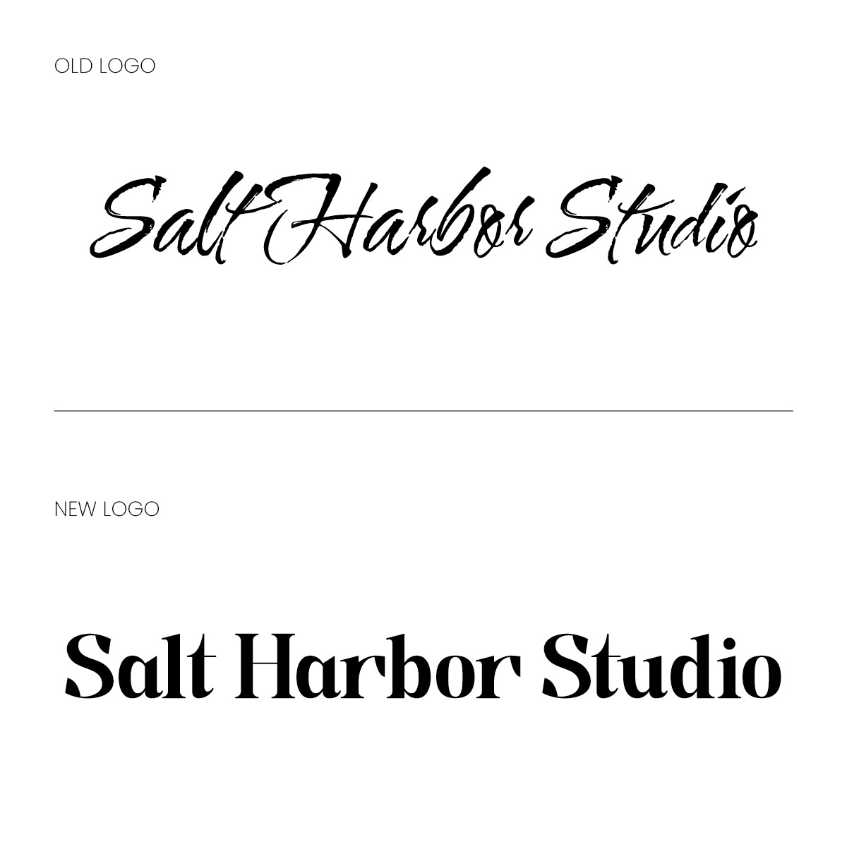 Comparison of the old and new Salt Harbor Studio logos showcasing the transition from a cursive, hard-to-read style to a clean, modern, and versatile marine-inspired design, created by TIB Creative Studio in Rhode Island.