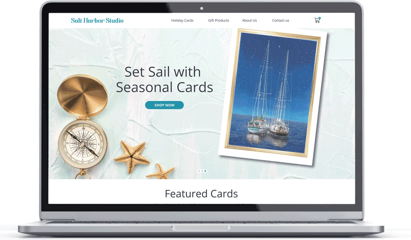 Salt Harbor Studio website redesign by TIB Creative Studio showcasing a nautical-themed seasonal card banner, featuring a compass, starfish, and sailboat artwork. Professional web and UX/UI design services in Providence, Rhode Island.